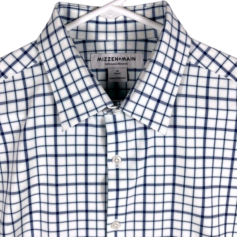 Mizzen+Main Dress Shirt Mens M White Blue Windowpane Performance Classic Fit